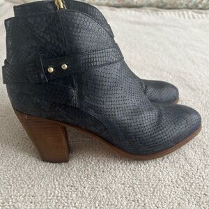 Boden Stratford ankle booties in blue snakeskin.